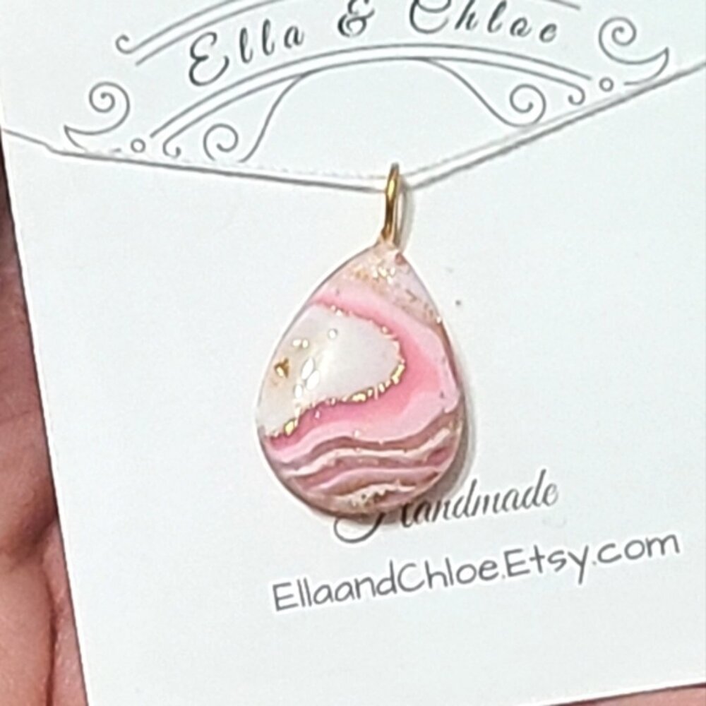 Handcrafted Boho Gold Pink White Gemstone Agate Teardrop Pendant Necklace